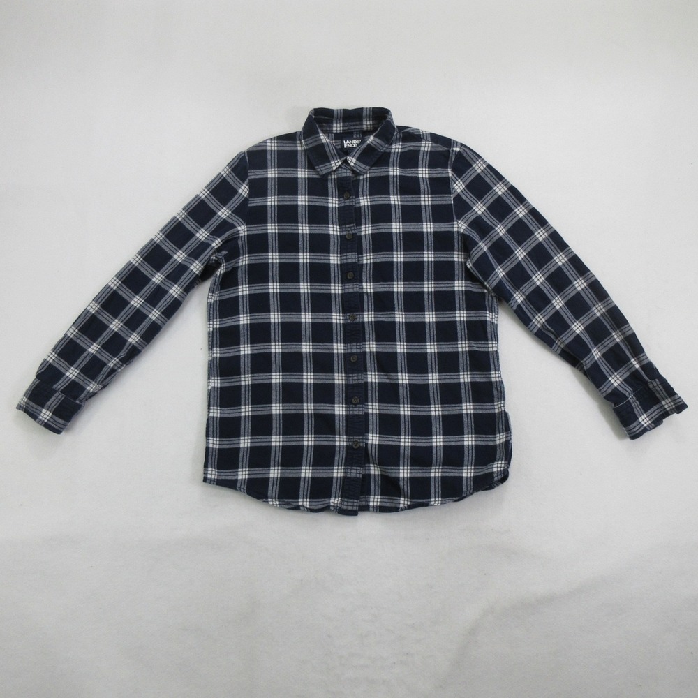 Lands' End Women's Button-Up Flannel Shirt M Medium 10-12 Blue Plaid Cotton